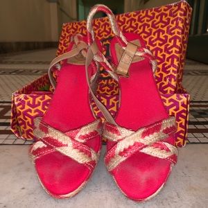 Tory Burch, Camélia Mid Wedge Espadrille, Red/ Natural/ Royal Tan, Sz 9, EUC